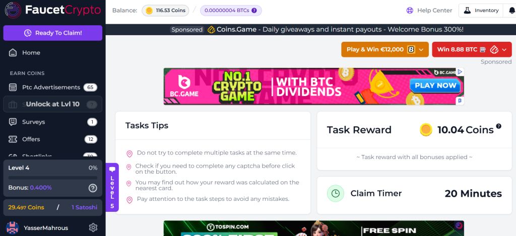 Users can earn rewards by "clicking on the faucet claim button every 30 minutes to earn rewards.
