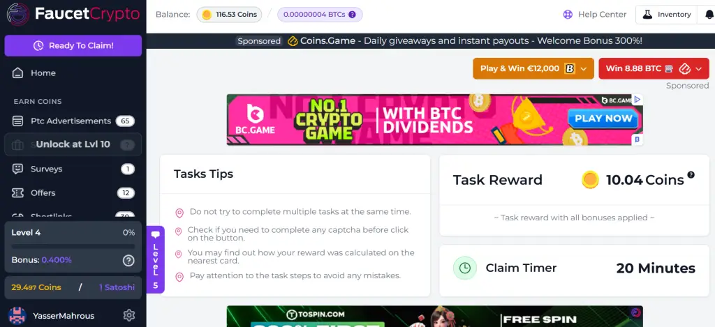 Users can earn rewards by "clicking on the faucet claim button every 30 minutes to earn rewards.